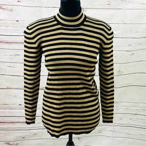 Cache Sweater Women’s M Black/Gold Striped Glitter Mock Neck Wool Blend vintage